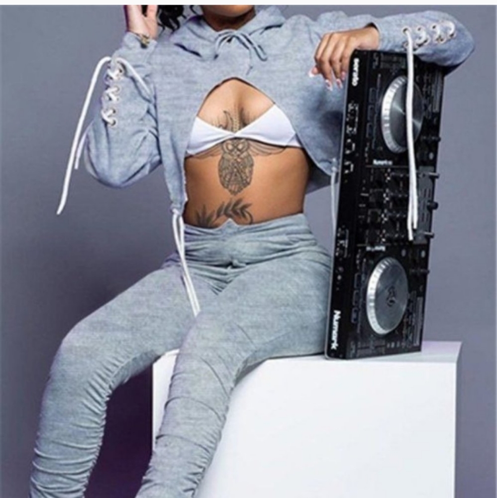 Callie Lives Light Gray Lace-Up Cropped Hoodie and Ruched Joggers Set